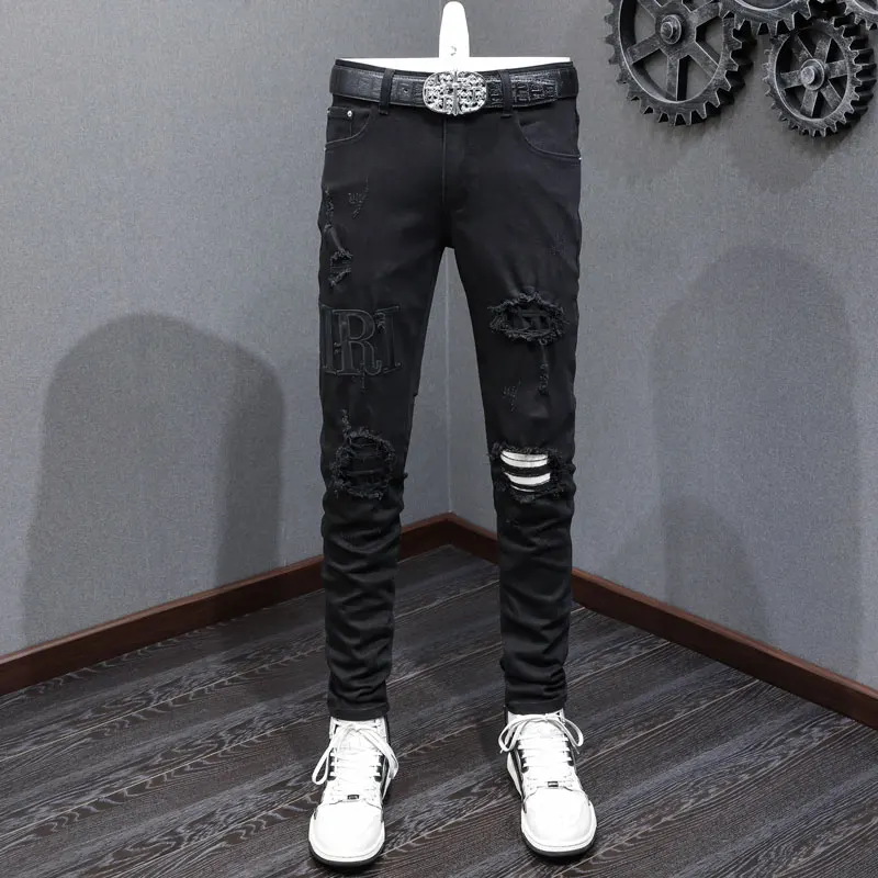 Fashion new men's black jeans stretch slim fit white patch jeans high street designer hip-hop brand pants hombre