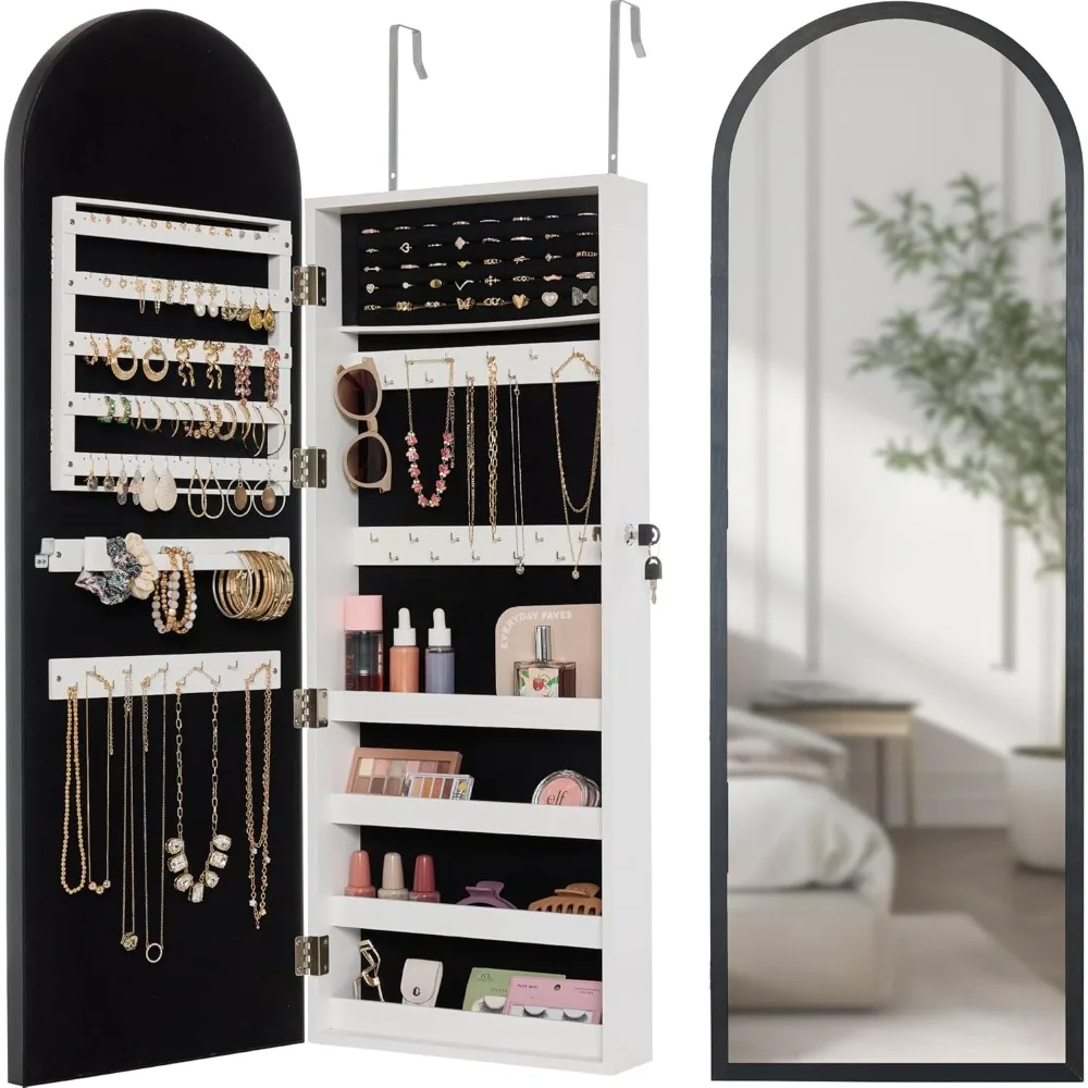 Arch Mirror Jewelry Cabinet, Jewelry Storage Organizer, Armoire, Lockable Wall or Door Mountable, Full-Length