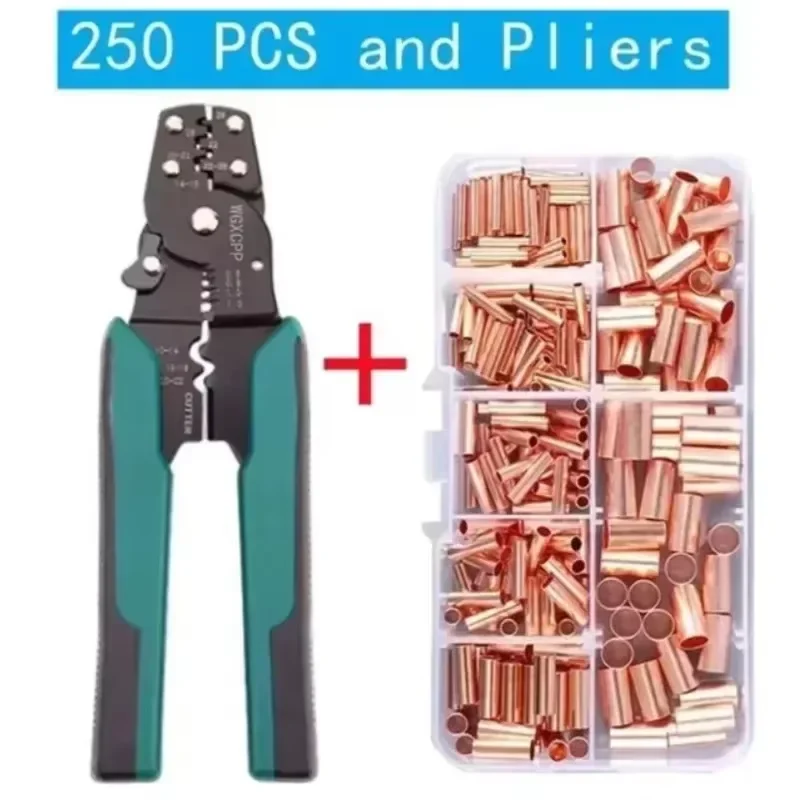 

250Pcs Copper Tube Wire Crimp Connector+Wire Crimping and Stripping Pliers Tools Set Electrical Cable Connectors Kit 1mm²-16mm²