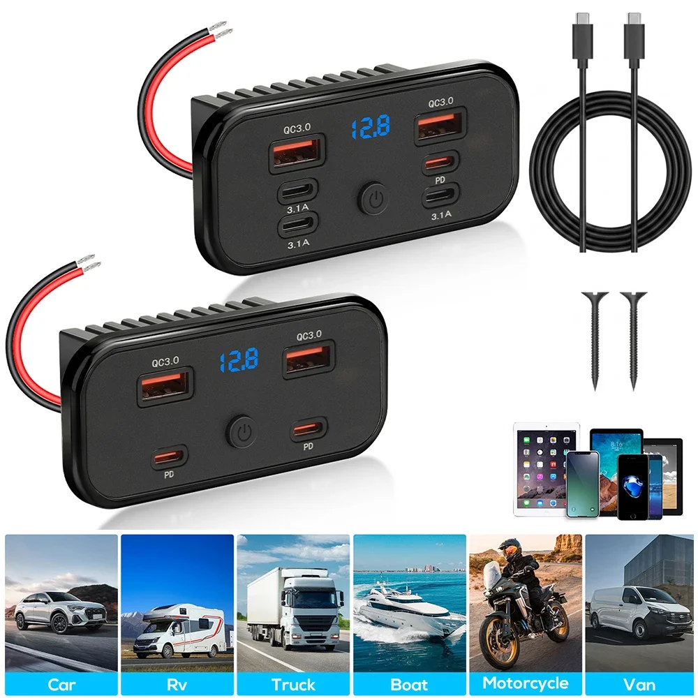carregador-de-carro-com-4-6-portas-usb-saida-dupla-pd30-com-cabo-de-carregamento-rapido-tipo-c-adaptador-de-montagem-em-painel-parede-para-barcos-Onibus-atvs-caminhoes-e-rvs