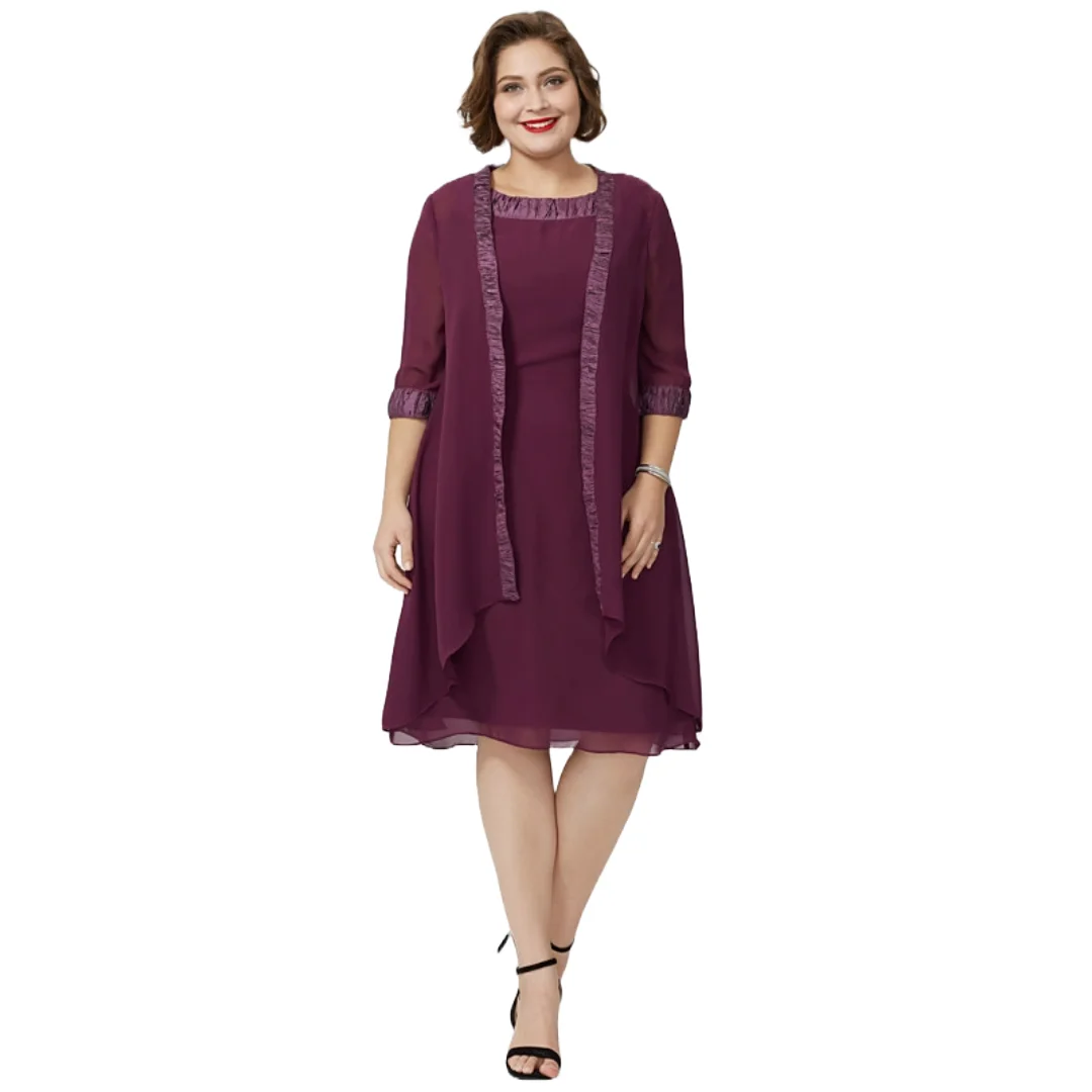 Aangepaste grote maat moeder van de bruid jurk plum chiffon knie lengte met 3/4 mouwen en bijpassende jas bruiloftsgastjurken