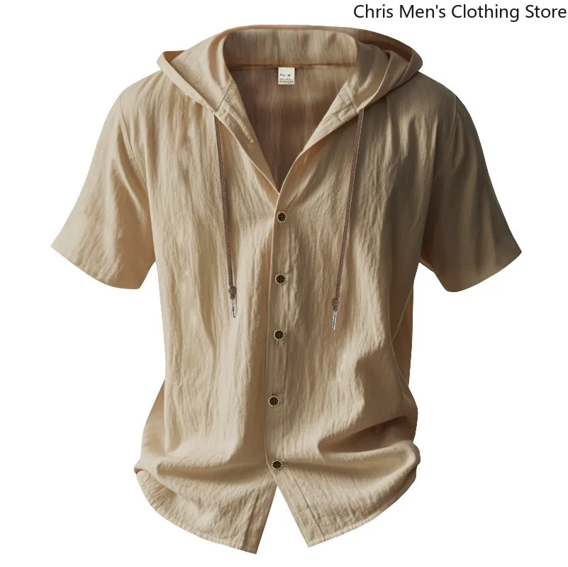 เสื้อยืดผู้ชายวันหยุดสบายๆ เสื้อเชิ้ตผ้าลินินแขนสั้นมีฮู้ดผู้ชาย - เสื้อยืดน้ำหนักเบาและสะดวกสบายเสื้อผ้าผู้ชาย