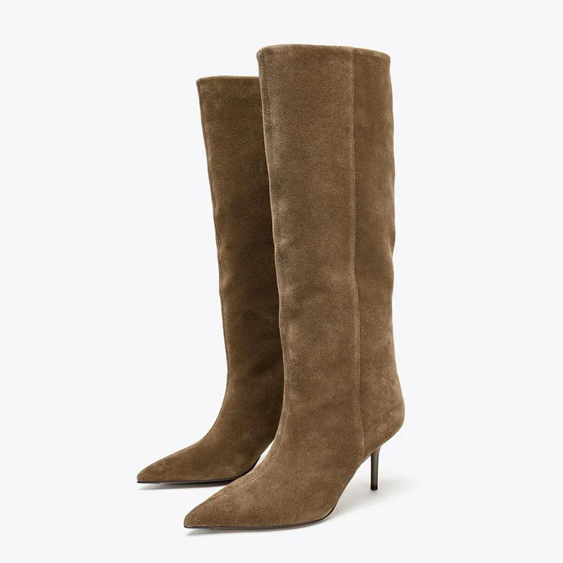 Sexy Hot Girl Pointed-toe Pleated Long Boots for Women 2026 Autumn and Winter New Suede Large-calf Rider Boots