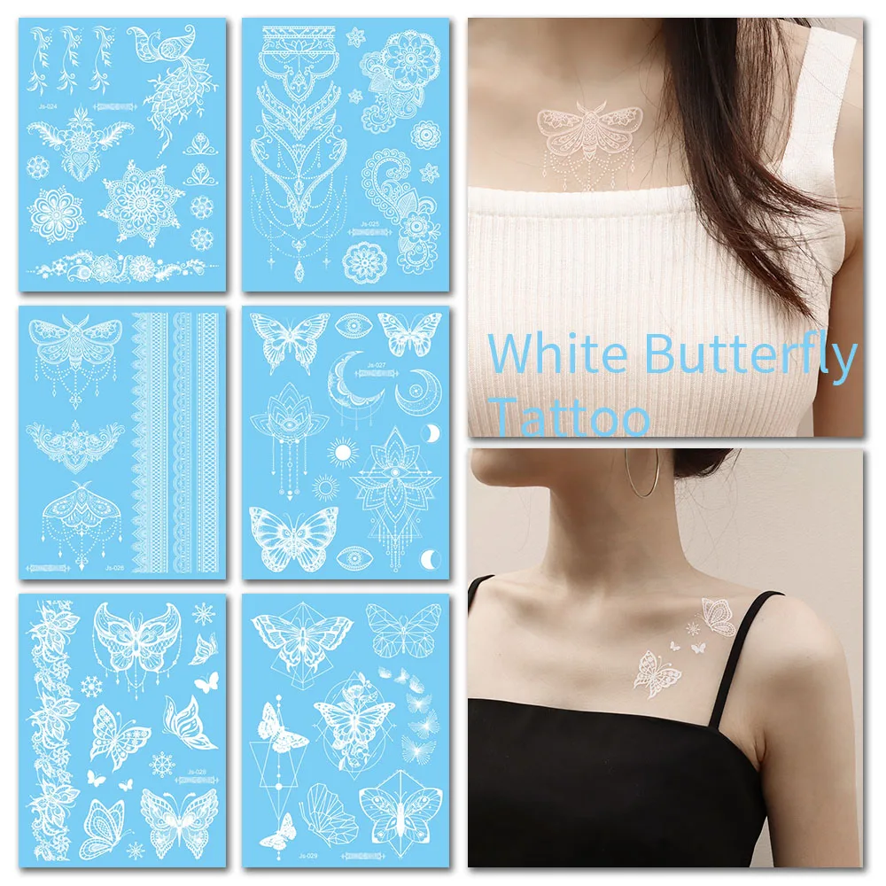 

New White Tattoo Sticker Temporary Water Transfer Tattoo White Henna Henna Butterfly Indian Tattoo Hand Neck Arm Tattoo Wedding