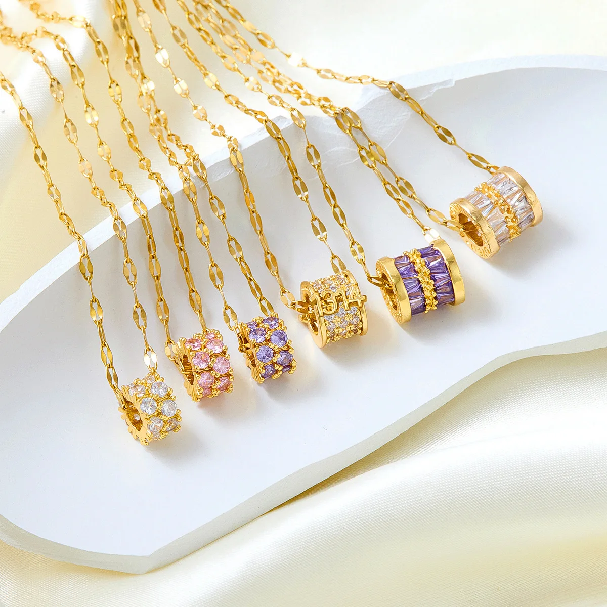 Lucky Cylinder Pendant Necklaces For Women Female Crystal Zircon Wedding Jewelry Ladies Stainless Steel Clavicle Chain Drop Ship