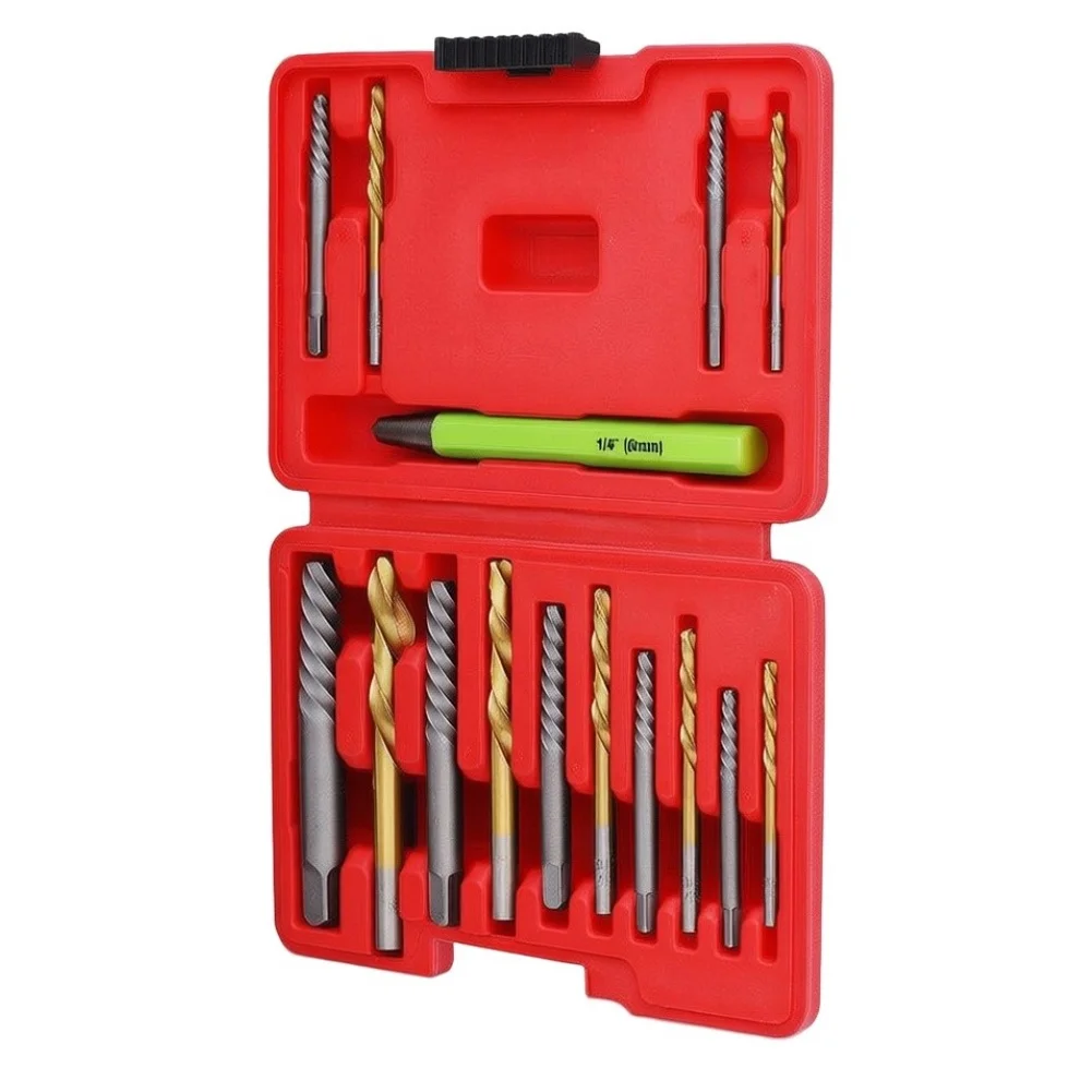 15-Piece Screw Extractor Set Featuring 7 Coarse Thread Extractors 7 High Steel Drill Bits 1 Center Punch for Chrome Vanadium Use