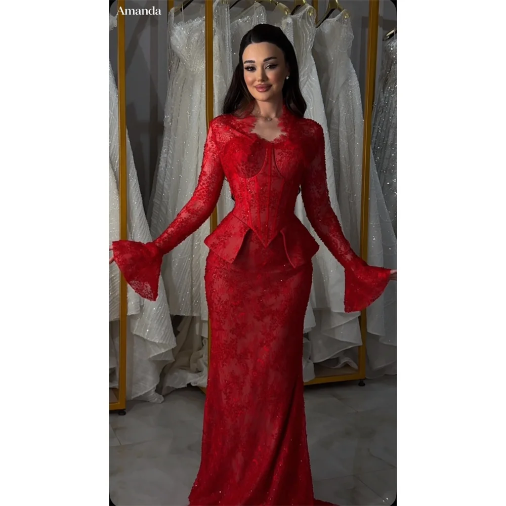 Amanda Customized Two piece Long Sleeve Peplum Mermaid dress Evening Gowns Red Floral Lace Floor-length Luxurious Prom Dresses