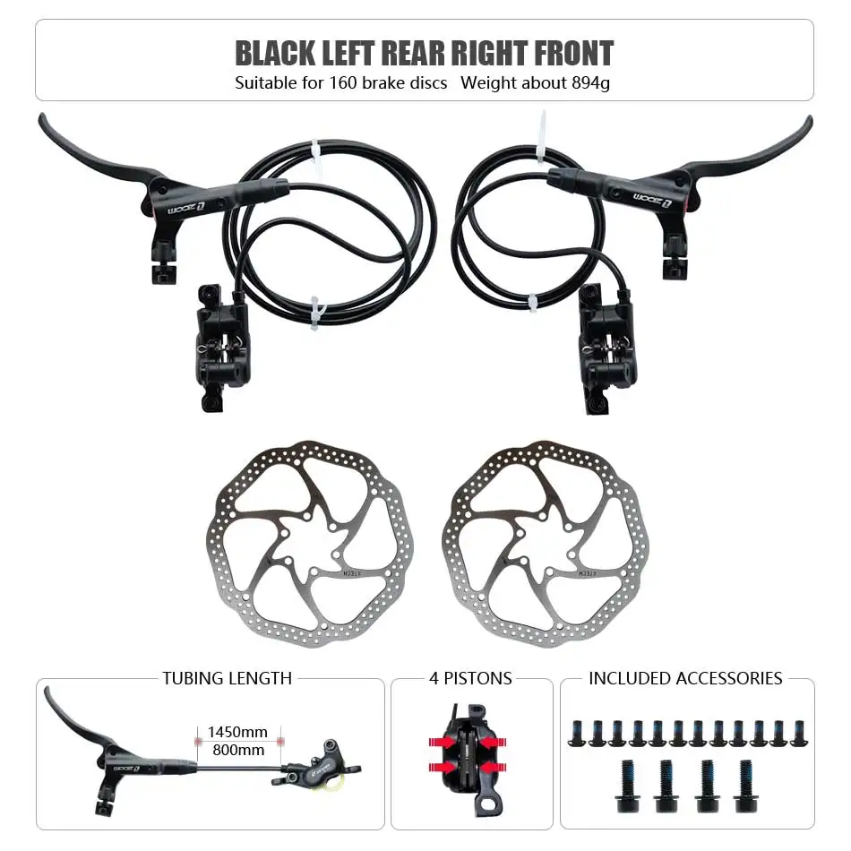 ZOOM HB-876 4-Kolben-Klapp-Mountainbike-Scheiben-Hydraulikbremsen-Set vorne 800 hinten 1400 mm MTB-Fahrradkrämpfe rot Fahrradteile
