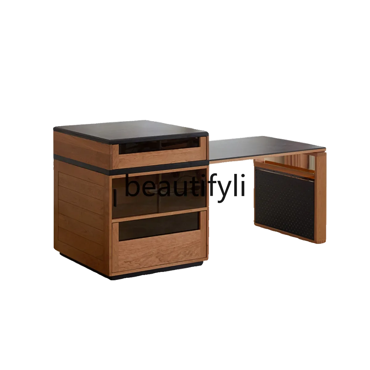 

Solid wood island dining table integrated retractable Japanese cherry wood dining side bar cabinet rock slab