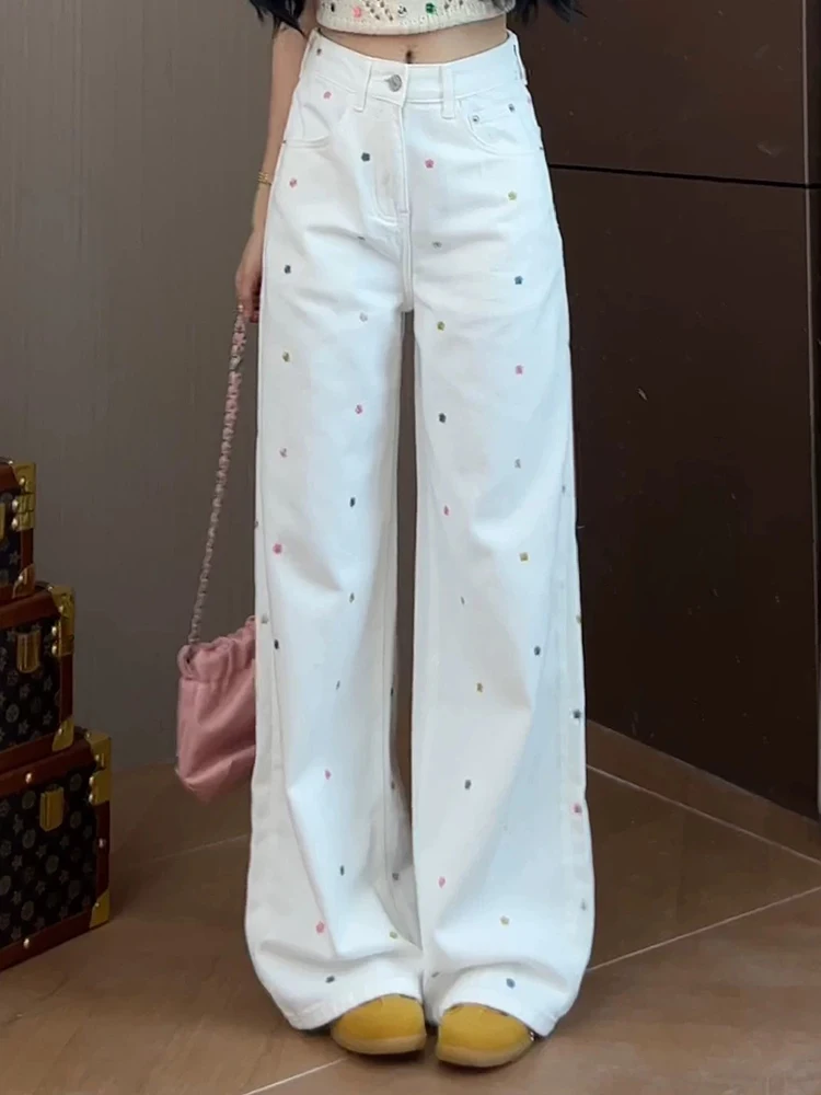 

Y2K White Wide Leg Jeans Women Floral Embroidery Design Loose Skinny Straight Leg Pants Autumn Narrow Edition