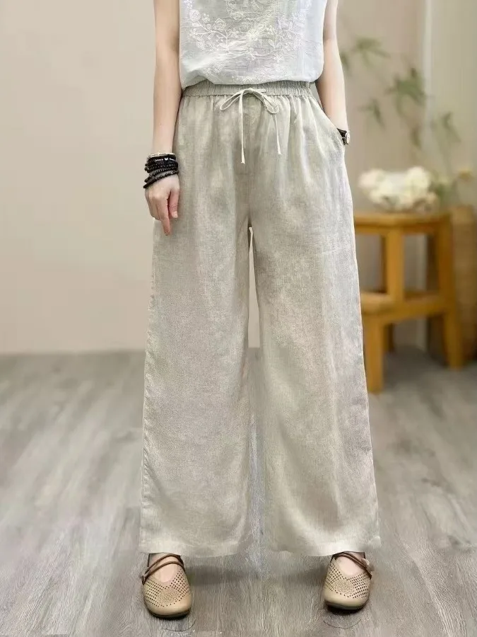 Authentic New Chinese Style Women's Casual Pants Straight Leg Nine-Tenths Pure Color Linen Comfortable Breathable Summer Wear