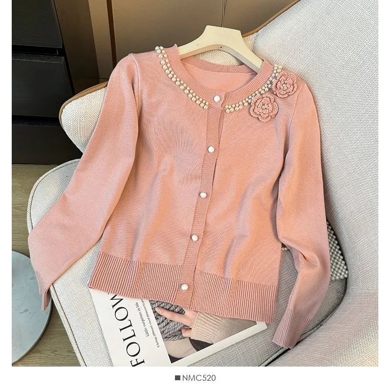 Frauen Pullover 2025, Frühling Herbst Neue Französisch Stil Tops Perle Perlen Langarm 3d Blume Koreanische Mode Strickjacke Kleidung