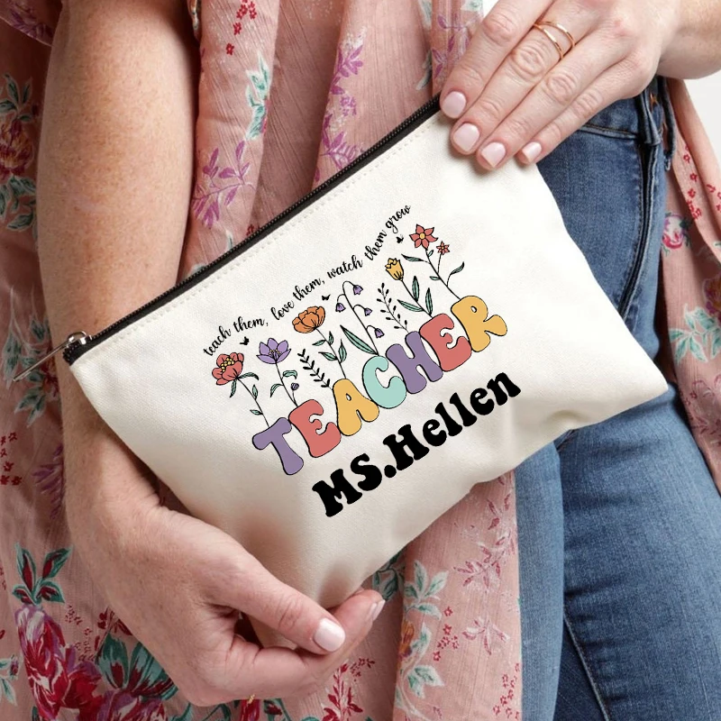 Teacher Personalized Canvas Cosmetic Bag Customized Name Travel Zipper Pouch Perfume Lipstick Storage Makeup Bags Teachers Gift