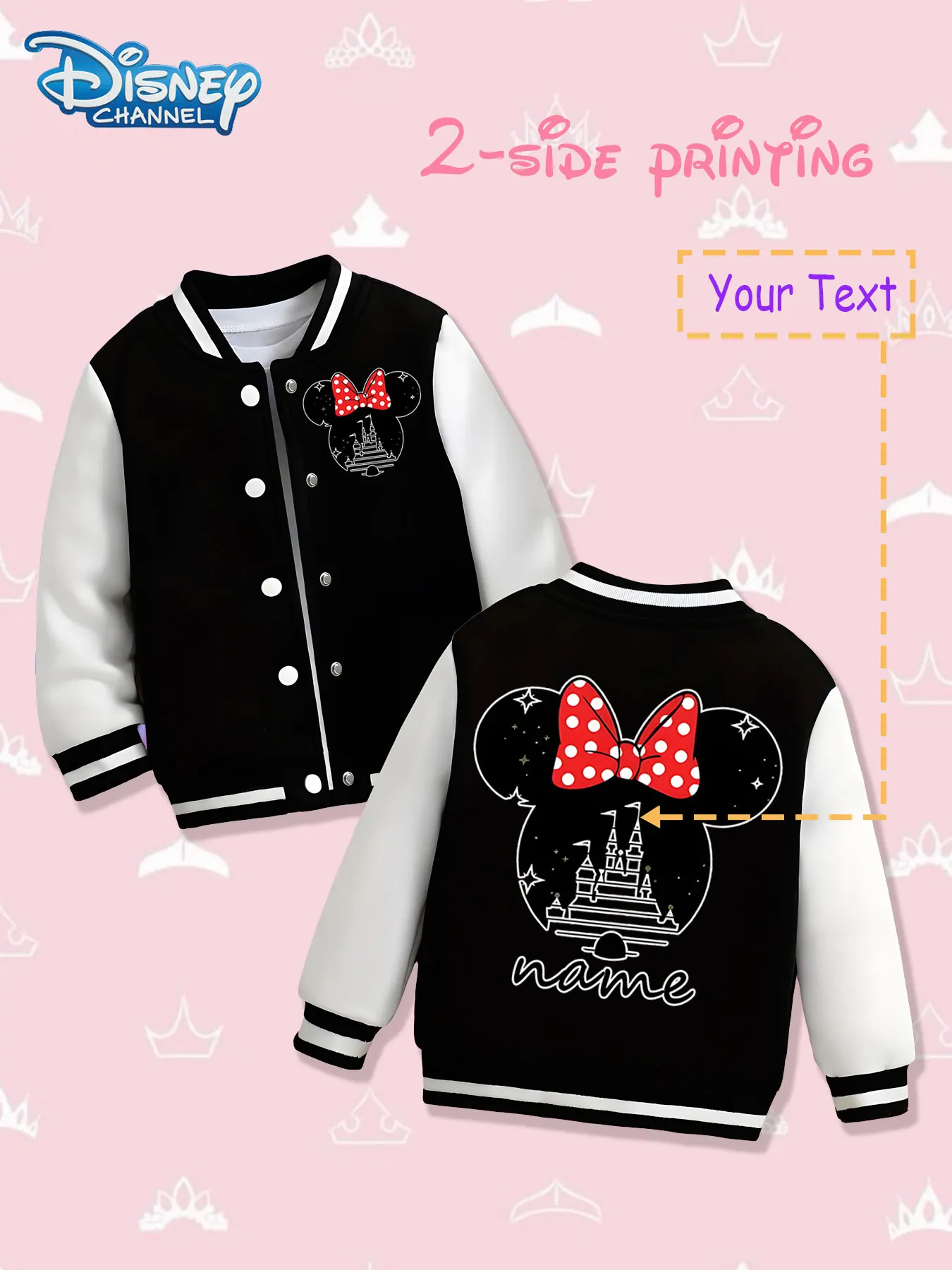 

MINISO Disney Minnie Castle Silhouette Girls' Baseball Jacket - Double-sided trendy print, warm and personalized in autumn and w