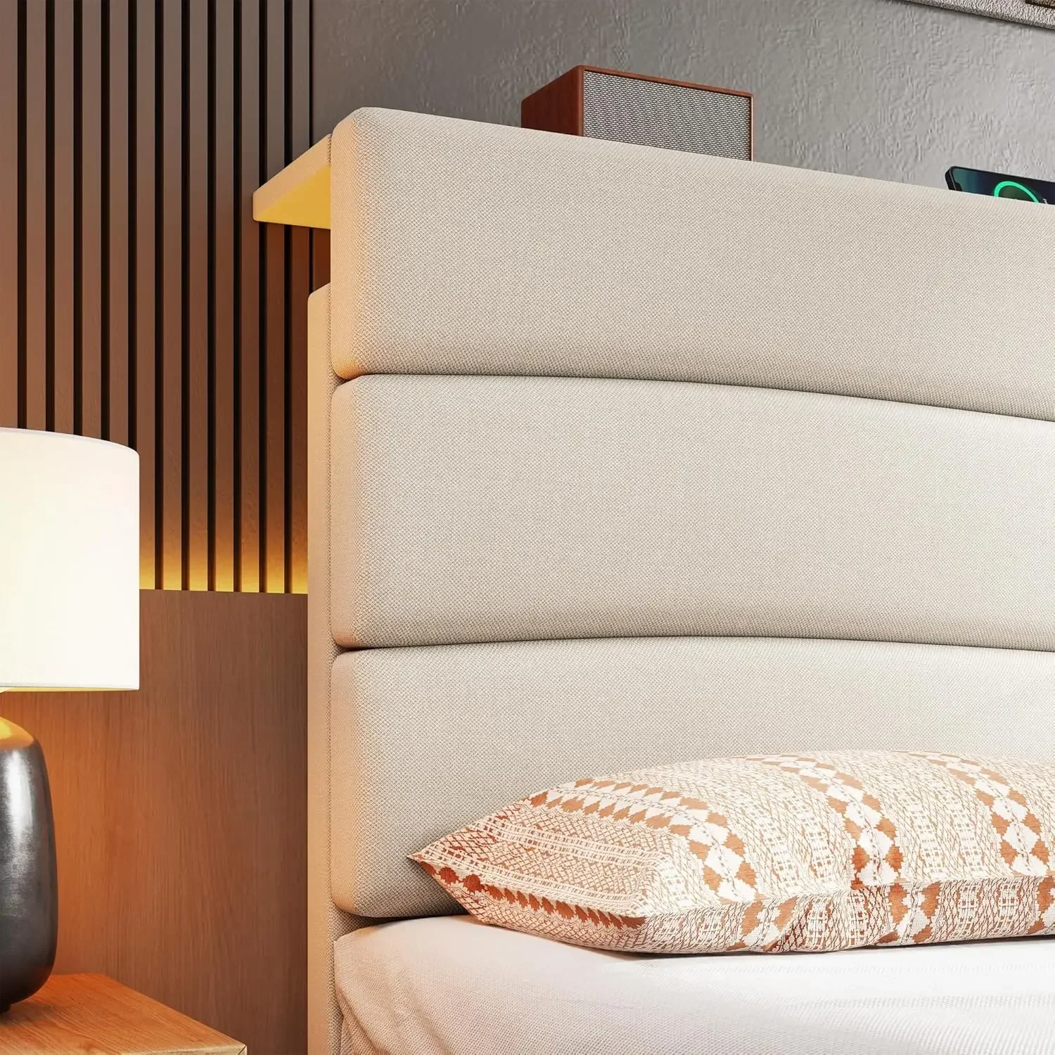 [عرض لفترة محدودة، اليوم فقط! ]إطار سرير بحجم كينج مع لوح رأسي منجد من القماش، وإطار سرير كينج مع لوح رأسي للتخزين