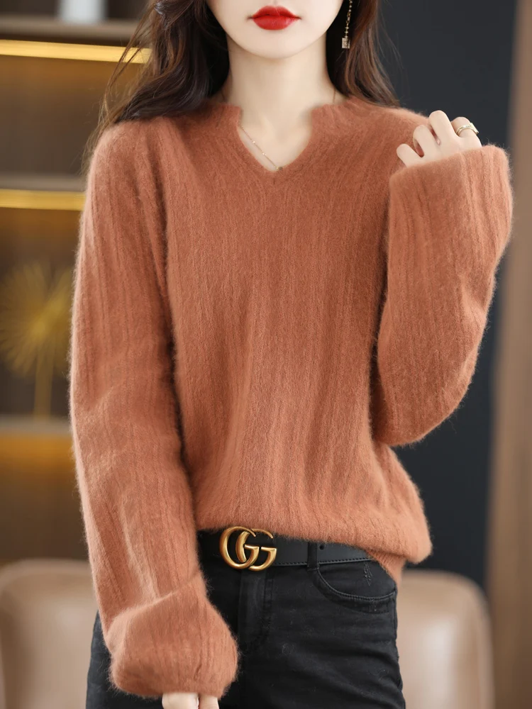 100% Mink Cashmere Sweater Women\'s V-Neck Bubble Sleeve Knitted Pullover Fashion Large Size Base Shirt Loose Warm Tops Clothing