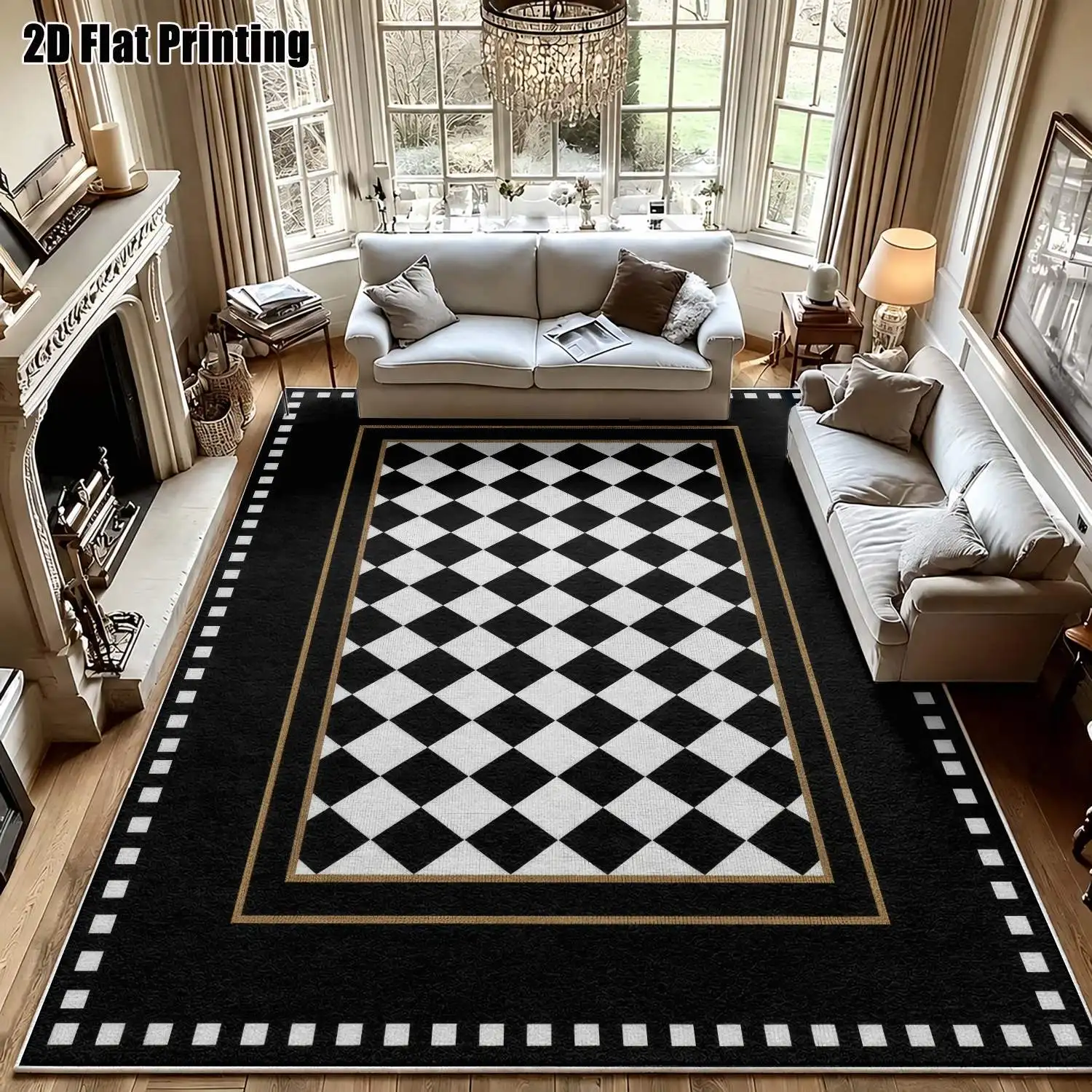 1Pc 2D Printed Black White Geometric Velvet Carpet: Modern Simple Retro Instagram Style, Machine Washable, Multi-Size, Ideal for Home Decor, Entrance/Dining/Bedroom/Living Room