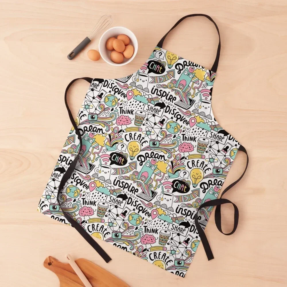 

Everyday. Internet and social media doodles. Cat, brain, coffee, pencil creative illustration Apron Kitchen For Women Apron