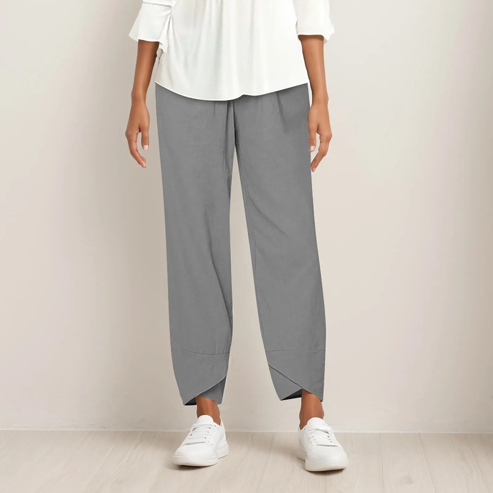 

2024 Women's Summer Casual Cotton Linen Pants Vintage Loose Harem Pants Floral Printed Elastic Waist Wide Leg Pants Female