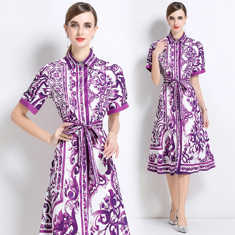 Cárdigan Abierto con Estampado Floral Morado Ele, Falda Tipo A con Cinturón, Tela de Poliéster, Estilo Casual para Mujer