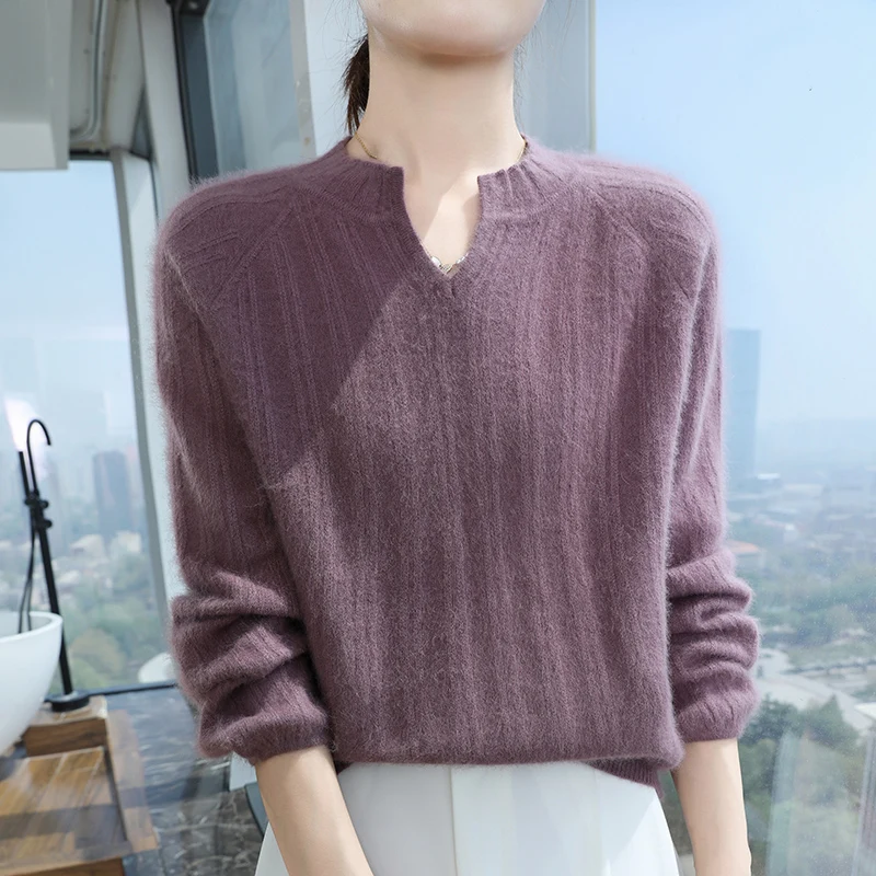 

New V-neck 100% Mink Cashmere Knitted Sweater Women's Fashion Puff Sleeve Loose Korean Style Solid Color Base Shirt Pullover