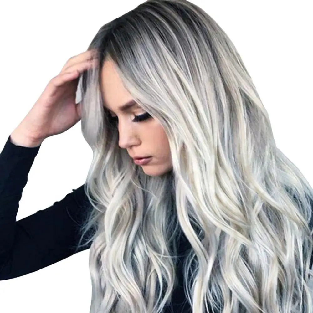 

28 Inch Women Long Wavy Silver Ash Ombre Cosplay Synthetic Wigs Black Gray Curly Wig Lace Front Heat Resistant Hair Extension