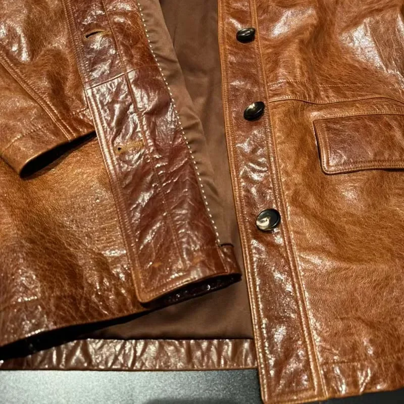 Weicher Mantel aus Ölwachsleder für Frühling, normale Länge, Umlegekragen, einreihig, hohe Qualität