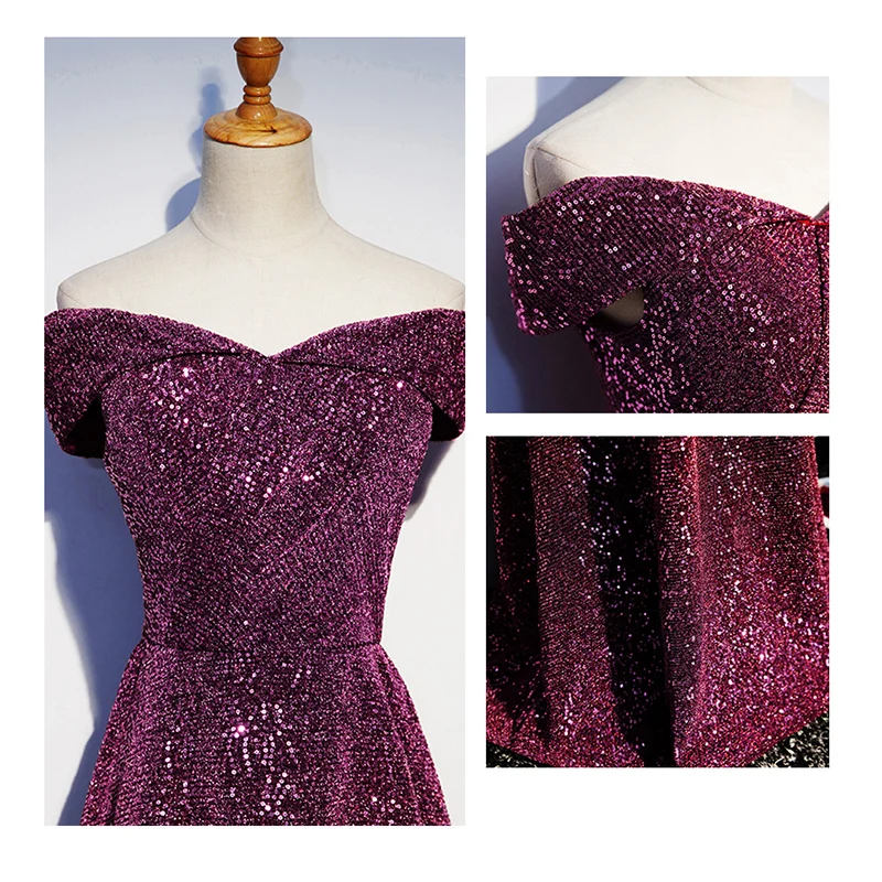 Evening Dress Hot Pink Sequins Bling Off the Shoulder Zipper Back A-line Floor-length Plus Size Women Formal Party Gown R1282