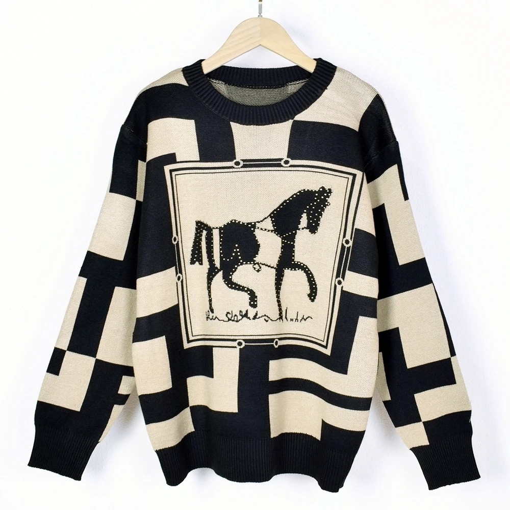 Horse Luxury Brand Design 2024 Spring Autumn Knitwears Pullover Sweater For Women Vintage Knit Round Neck fashion Top clothes