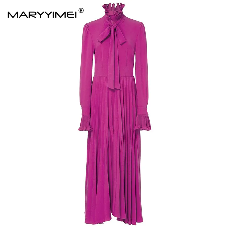 

MARYYIMEI Fashion Spring Autumn Women's dress Ribbons Half high collar Long sleeved Slim Elegant Pleated Dresses