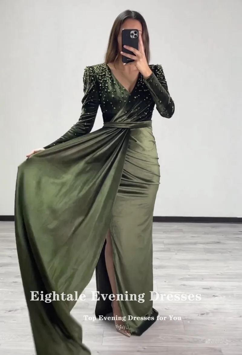 Eightale Velvet Evening Dress for Wedding Party V-Neck Beaded Olive Green Mermaid Customized Long Sleeves Prom Gown