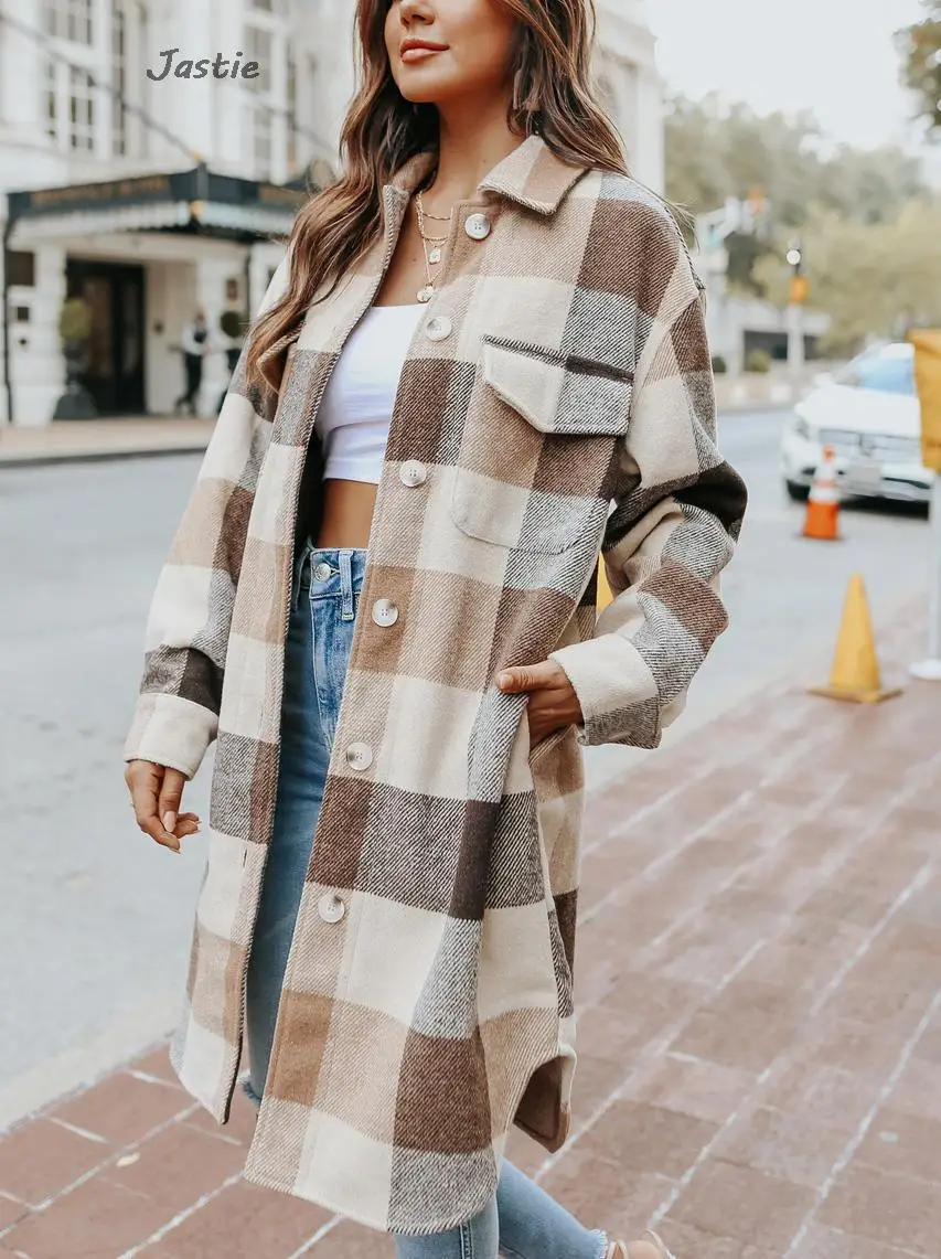 

2023 Autumn Lapel Long Sleeve Women's Plaid Woolen Shirts Coat Jacket Mid-Length Streetwear Loose Casual Coat Tops