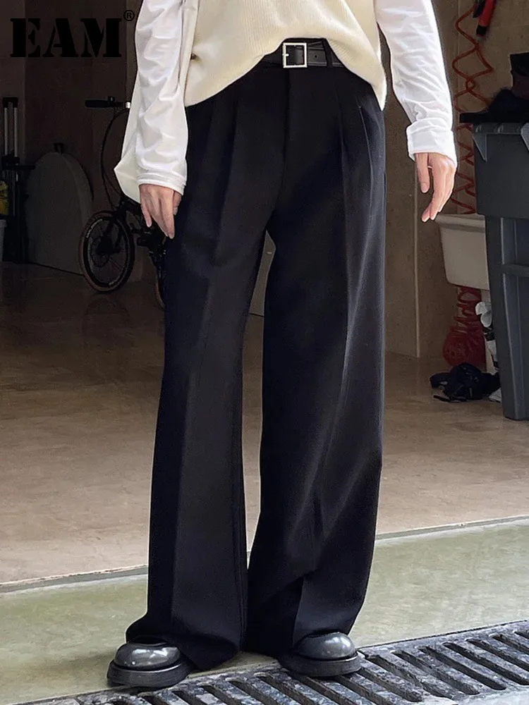 [EAM] High Waist Black Pleated Long Casual Wide Leg Pants New Loose Fit Trousers Women Fashion Spring Autumn 2024 1DF4431