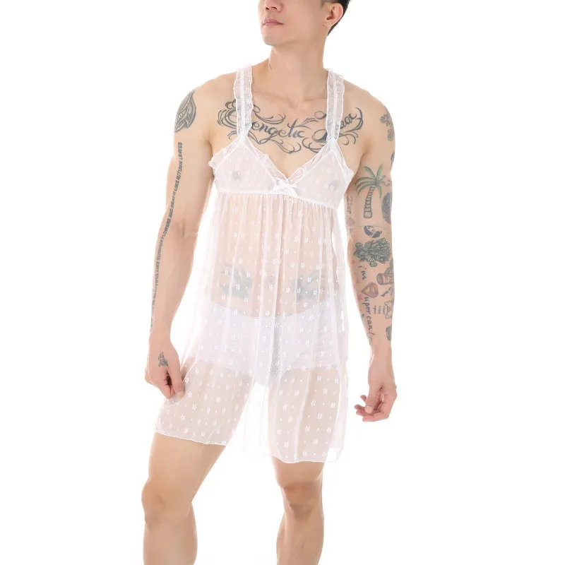 

Экзотическая мужская ночная рубашка Babydoll, нижнее белье Sissy Mesh, кружевная прозрачная ночная рубашка, новинка, ночная рубашка, костюмы Wetlook, порно Babydoll