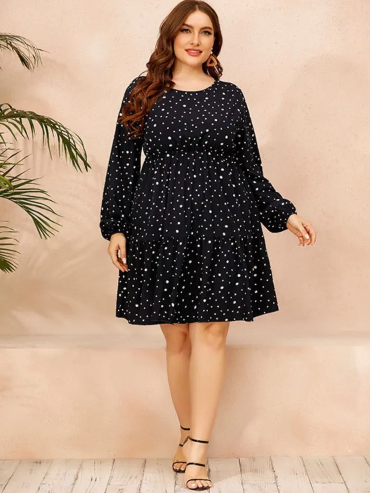 Vestido feminino de bolinhas de manga comprida, moda feminina solta, vestidos plissados, casual, plus size, outono, 2023