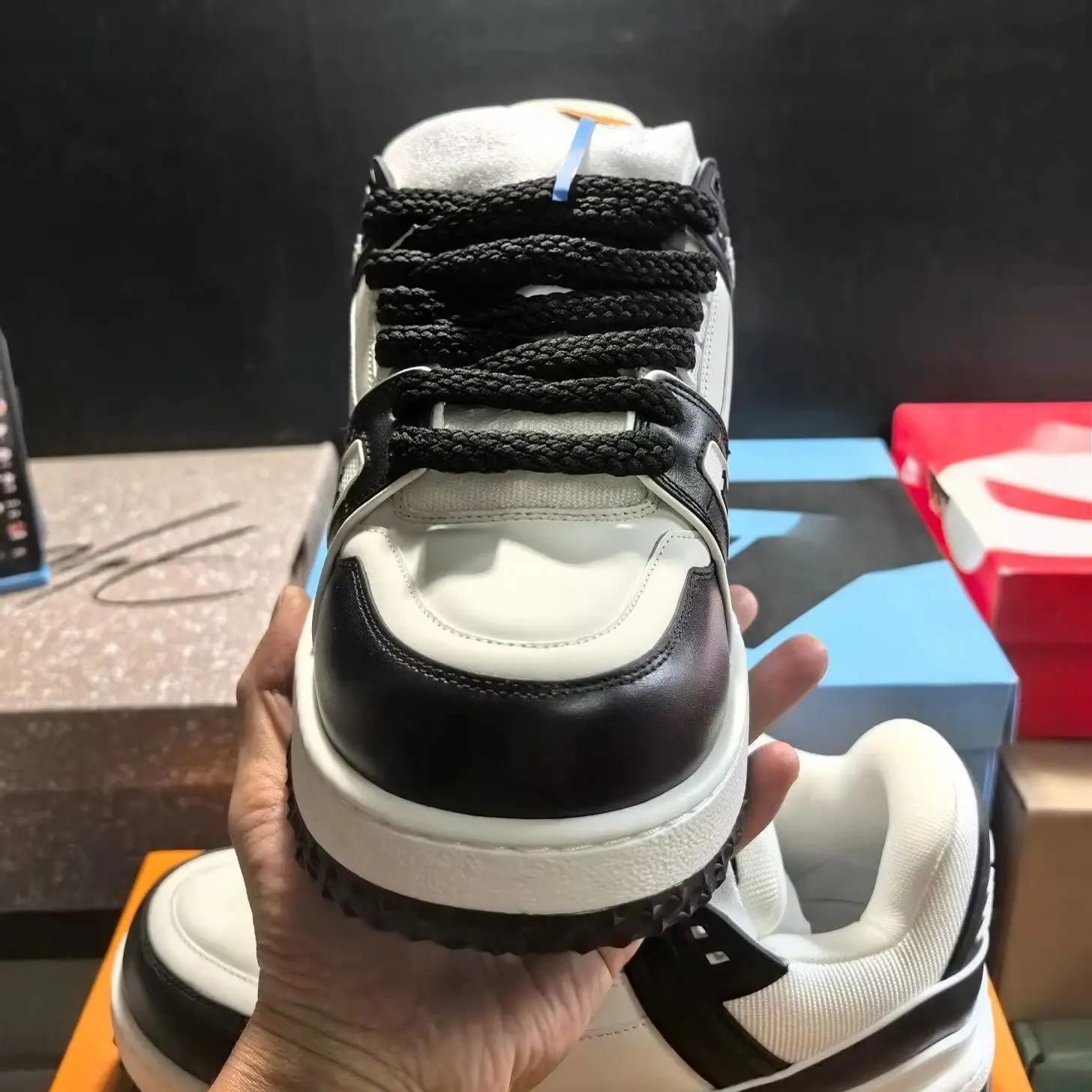 Unisex Black White Color Block Platform Sneakers, Chunky Lace Up Thick Sole Casual Streetwear Shoes