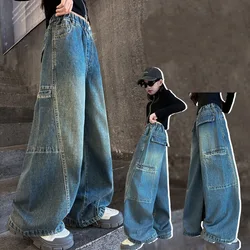 Multi-Pocket Jeans Young Girl Cargo Pants Retro Streetwear Fashion High Waist Jeans Big Children Casual Wide Leg Pants Hot Sell