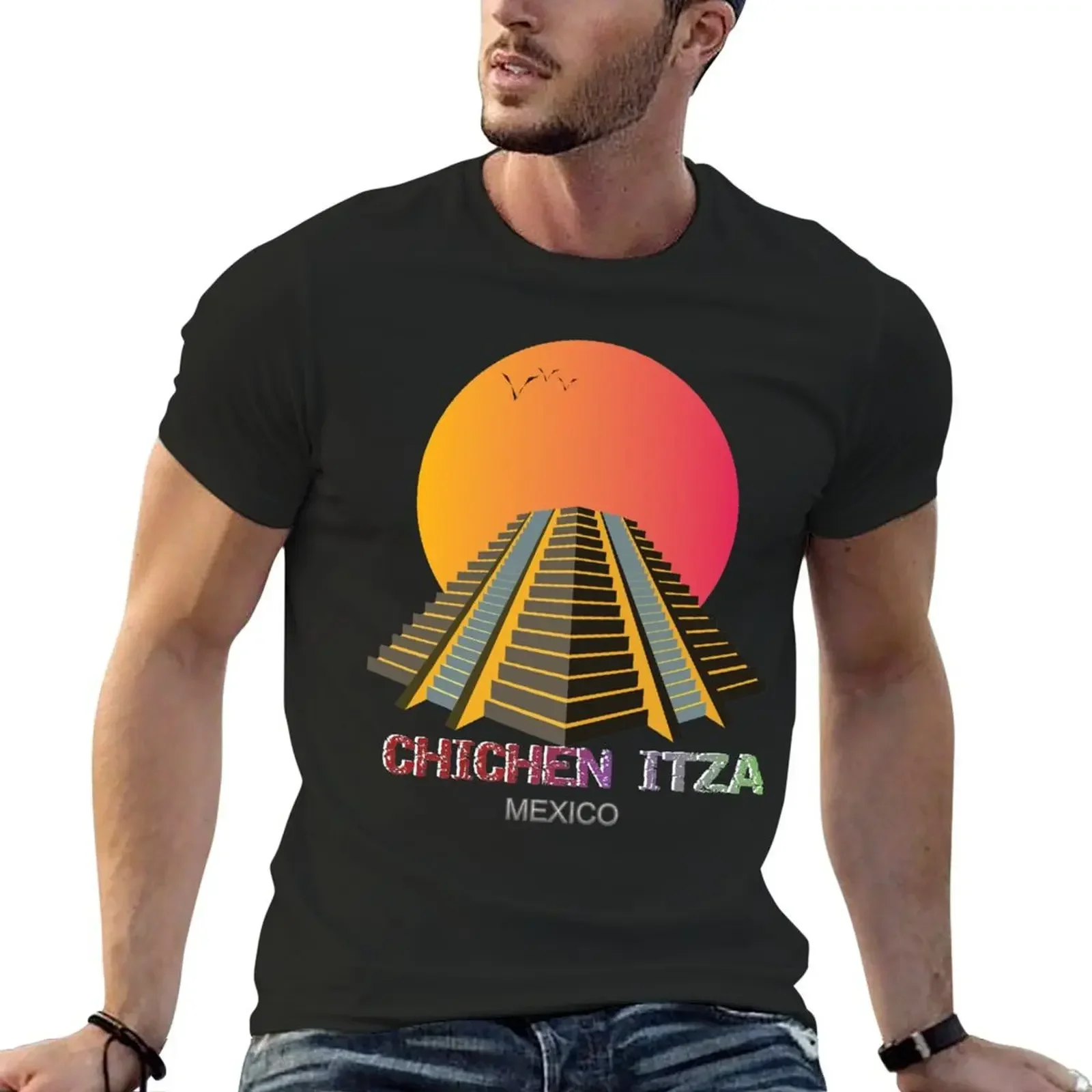 Футболка Chichen-Itza- Maya Ruins- Mexico, футболка большого размера, лето 2025 года, мужские футболки с рисунком Футболка Chichen-Itza- Maya Ruins- Mexico, футболка большого размера, лето 2025 года, мужские футболки с рисунком