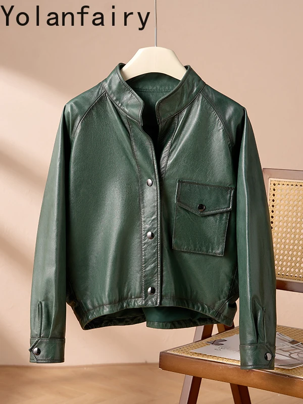 YOLANFAIRY Olie-gewaxte Schapenvacht Lederen Jassen voor Vrouw 2025, Korte Vintage Lederen Jas Vrouwen Motorfiets Leren Jas