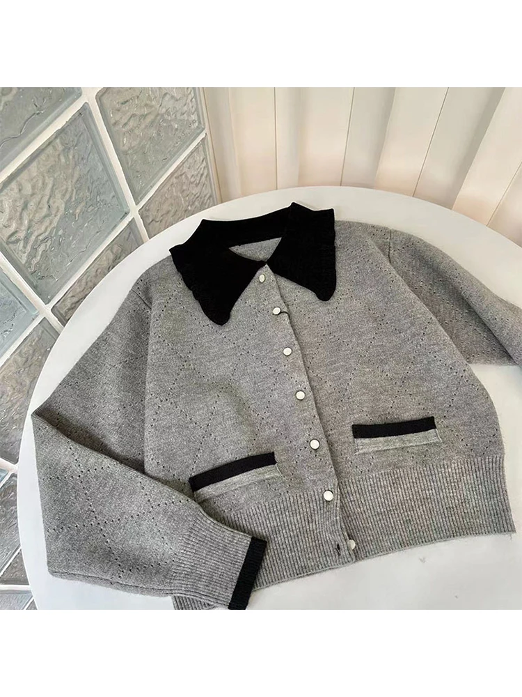 Japanese Fashion Women Grey Cardigan Turn-Down Collar Pullover Soft Autumn Winter Female Long Sleeve Knitted Sweater Fashion Y2K