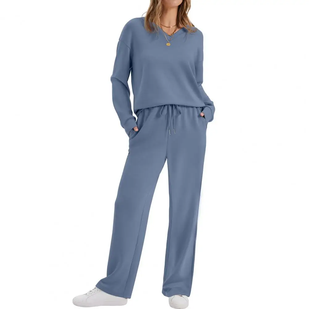 Two Piece Outfits for Women Casual Fall Lounge Sweatsuits Long Sleeve V-Neck Top Wide Leg Pants Matching Sets