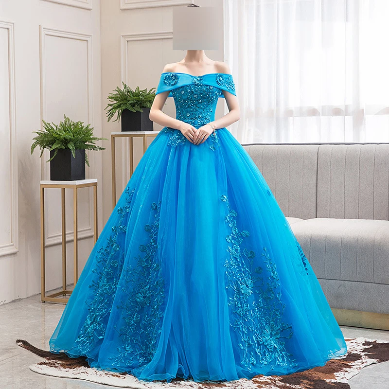 

Lake Blue Ball Gown Women Quinceanera Dresses Off Shoulder Appliques Prom Birthday Party Gowns Formal Vestido De Noche