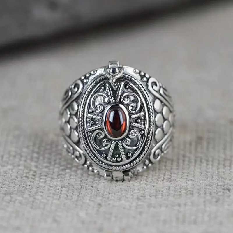 Vintage Silver Color Gawu Box Open Rings Red Zircon Openable Cover Rings Antique Ring Anniversary Jewelry Gifts