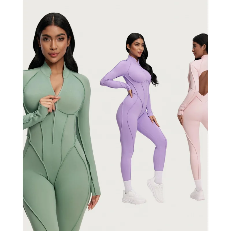 Women Zipper Long Sleeves Leggings Nude Yoga Jumpsuits Gym Fitness BodySuit Workout Clothes Sportswear Tracksuits Shapewear