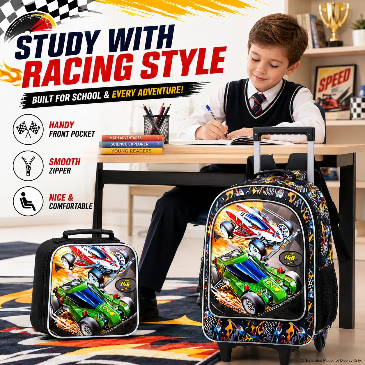 3PCS Red Green Kart Roll Backpack Set, Kids Wheeled School Bookbag with Handbag & Pencil Case