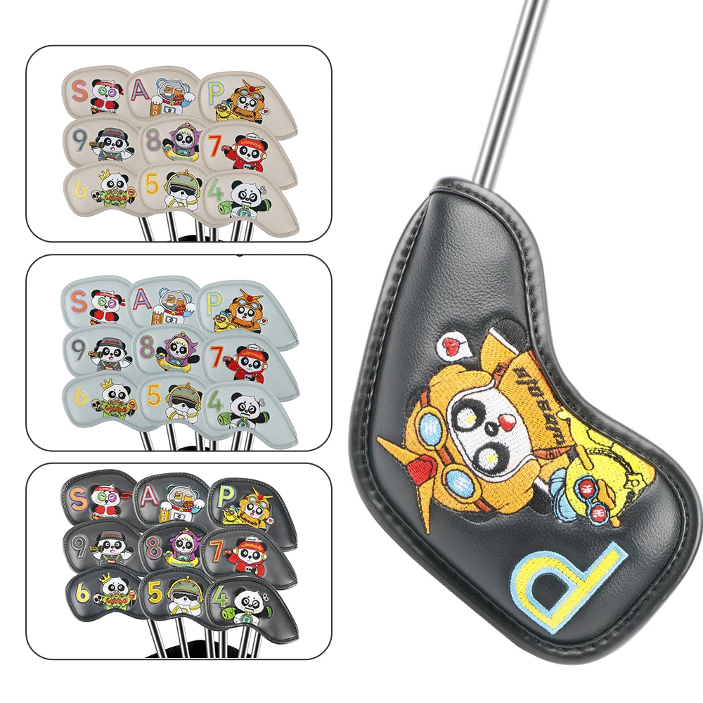 

9 Pcs Golf Iron Headcover Cartoon Panda Embroidery 16*9cm PU Leather Protect Golf Club with Hook&Loop Design Water-Proof Durable