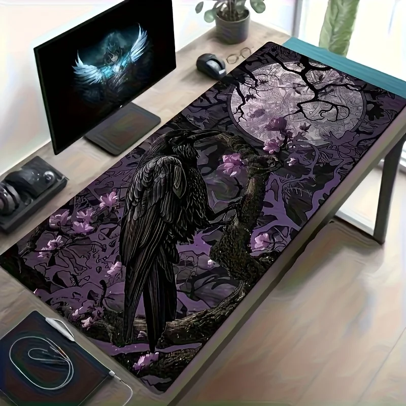 Gothic Raven And Moonlight Mouse Pad - Purple Floral And Black Branch Design, Polyester Fiber, Suitable for Office And Gaming, Mystical Desk Accessory, Perfect