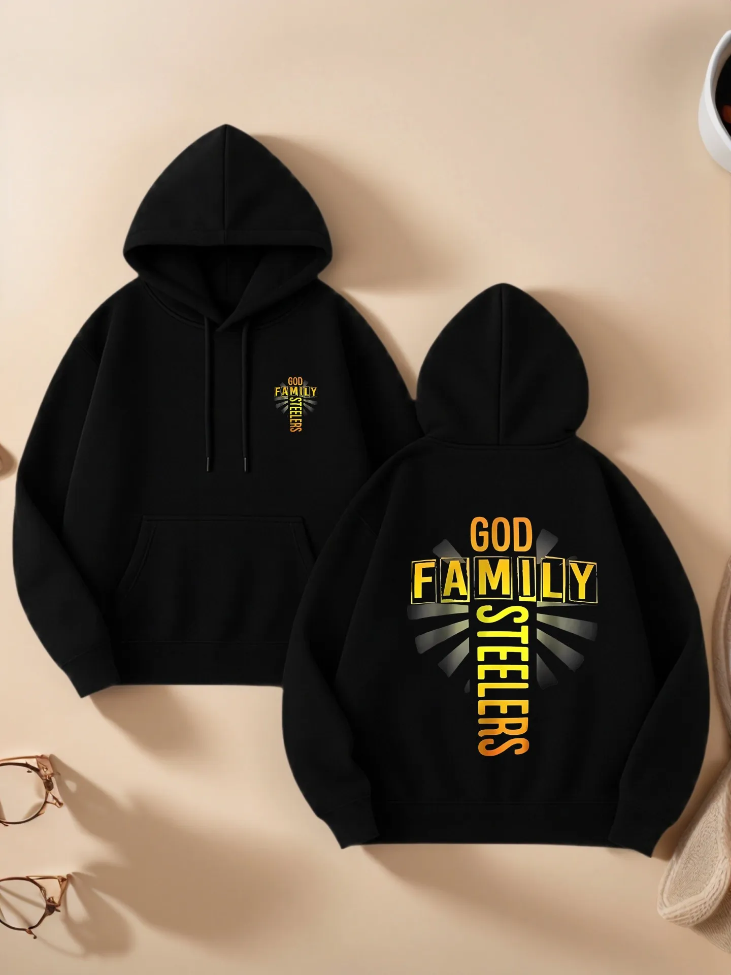 

Graphic Hoodie Women, God Family Steelers Letter Print, Streetwear Style, Soft Fabric, Casual Everyday Wear, For Young Men