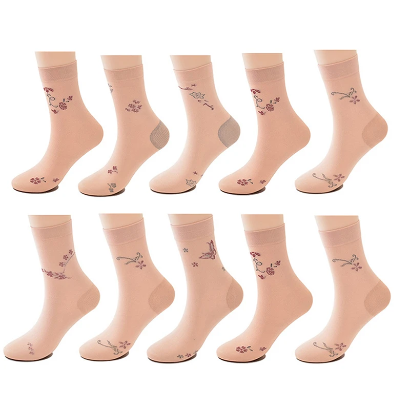 

LKWDer 10 Pairs/bag New Hot High Quality Summer Lady Socks with Heel Protection No Hooks Rayon Socks Embroidery Patterns Socks