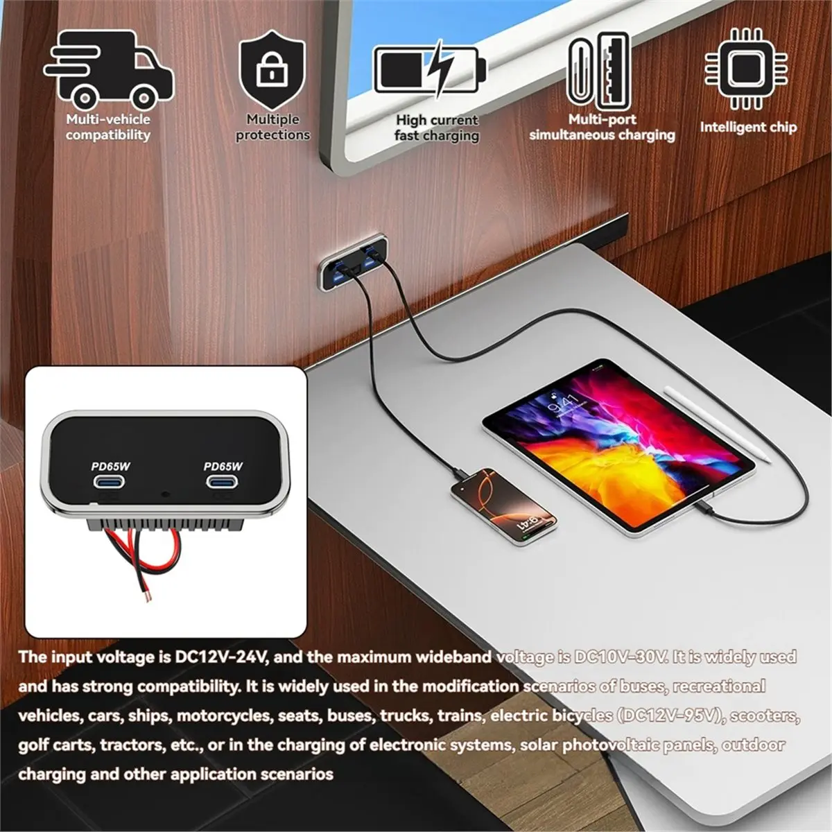 130W Auto-Ladegerät mit Dual 65W PD3.0 USB-C Anschlüssen, Schnell-Ladebuchse für 12V/24V Wohnmobile, Boote, LKWs und Busse